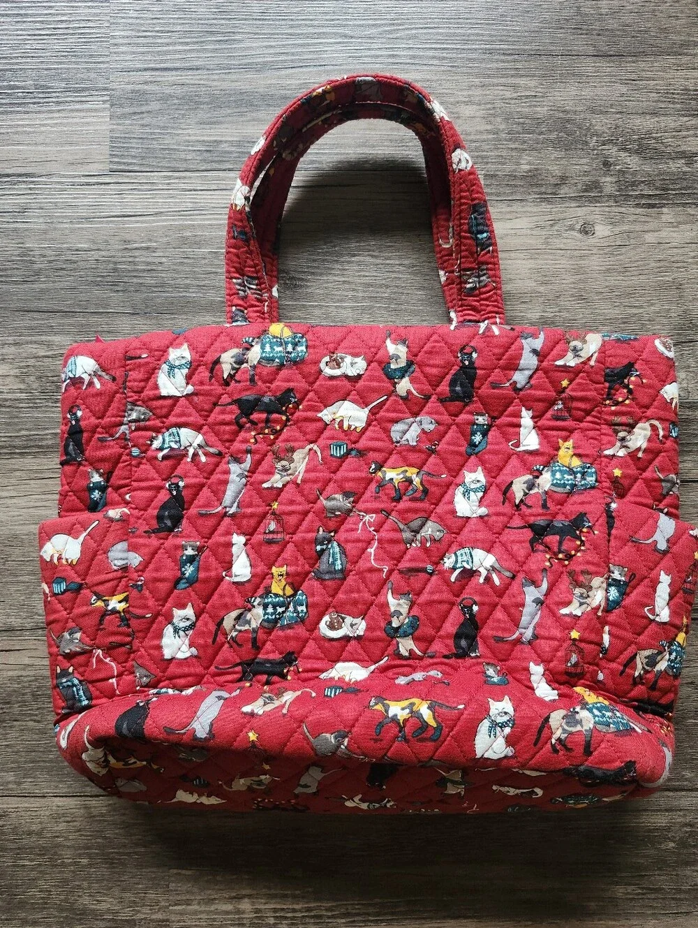Vera Bradley Red Quilted Christmas Holiday Purse Tote with Cat Pattern